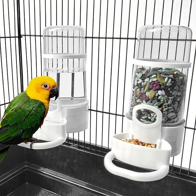 Automatic Bird Feeder and Water Dispenser, 2PCS Cage Accessories for Parrots, Budgie, Lovebirds, Parakeet, Cockatiel - Food Seed and Bottle Drinker (White 415ml)