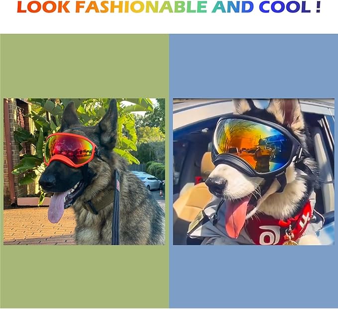 Large Dog Sunglasses with Adjustable Strap UV Protection, Winproof Dog Puppy Sunglasses, Suitable for Medium-Large Dog Pet Glasses, Dogs Eyes Protection,Soft Dog Goggles