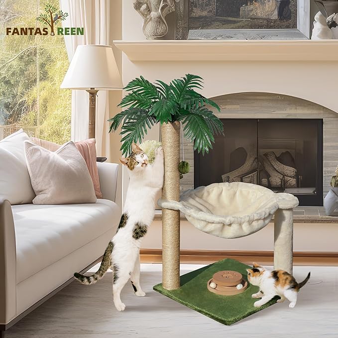 Cat Scratching Post 28 Inches Small Cat Tree Tower with Hammock, Cat Toy Wooden Interactive Condo for Kitten and Adults Cat