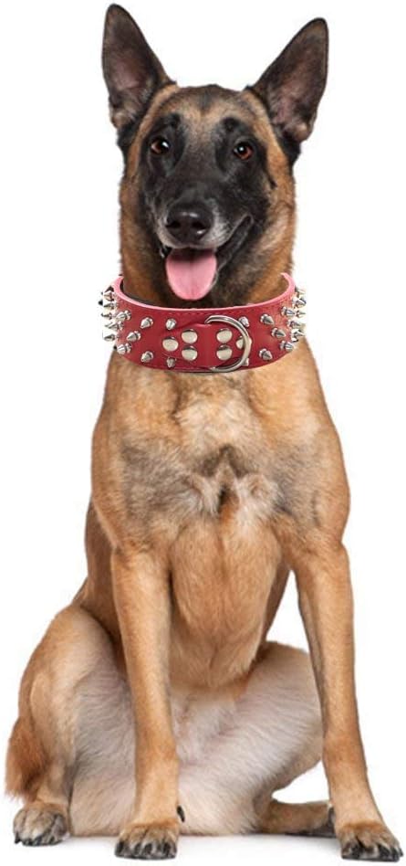 Serijoars Spiked Studded Dog Collar, PU Leather Dog Collar, Adjustable Pet Collars for Medium or Large Breed Pet (L, Red1)