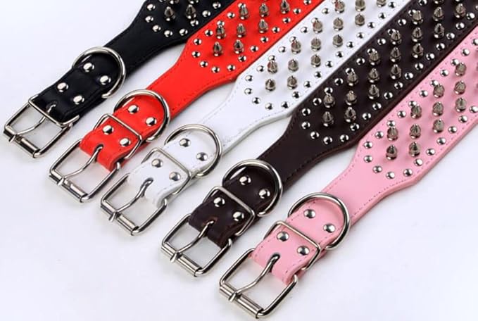 Serijoars Spiked Studded Dog Collar, PU Leather Dog Collar, Adjustable Pet Collars for Medium or Large Breed Pet (M, Pink)
