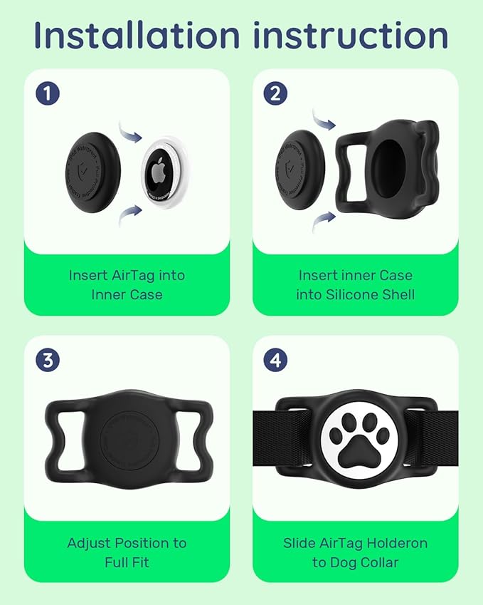IP68 Waterpoof Dog Airtag Holder, Stretchy Silicone Full Body Covered Apple Air Tag Holder for Dog Cat Collar Fit All Width Collar (4* Black, 4 Pack)