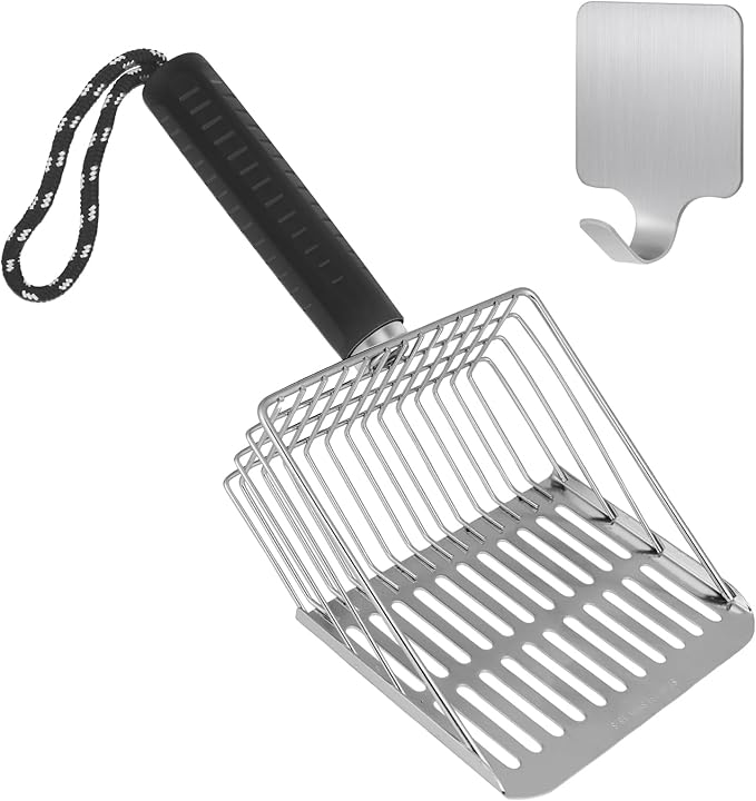 2PCS Cat Litter Scoop, Solid and Durable Kitty Metal Scooper, Stainless Steel Sifter, Heavy Duty, for Litter Box, Black Rubber Handle, Included Stainless Steel Hook