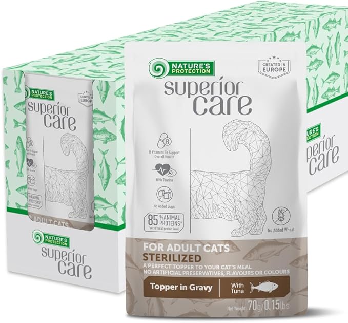 Nature's Protection Wet Cat Food in Gravy - High Protein, Natural & Soft Tuna Fish Shreds for Sterilized Adult Cats - Can-Free Convenient Pouches 2.46-oz (Superior Care - 24 Pack)