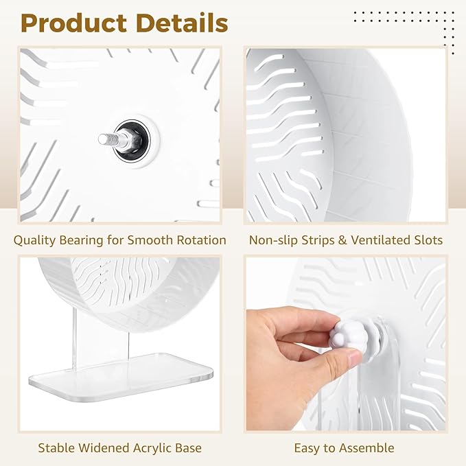 Silent Hamster Wheel, Hamster Exercise Wheel with Adjustable Acrylic Stand, Hamster Exercise Wheel for Gerbil, Syrian & Dwarf, Chinchilla and More Small Animal Hamster Running Wheels (8.2 in)