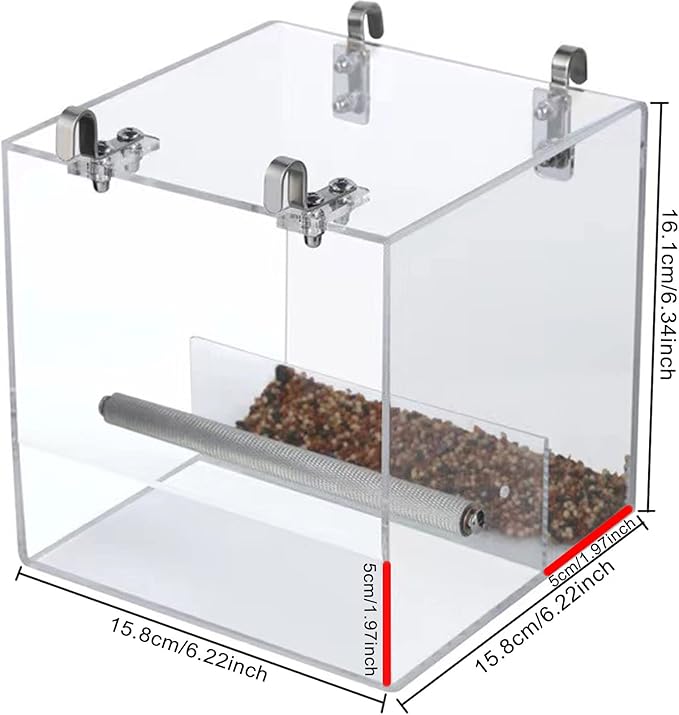 No Mess Bird Feeder for Cage, Automatic Acrylic No Mess Bird Feeder Cage for Parrots Canary Parakeet Budgerigar Crested Myna Cockatiel Lovebird (Large)