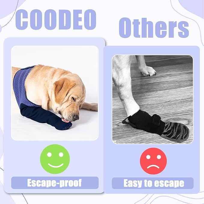 COODEO Dog Socks to Prevent Licking Paws, Healing Boots & Paw Protectors with Non-Slip Bottoms for Wound Protection, Waterproof Sleeve Shoes for Licking（Purple，2XL_Left