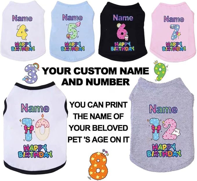 Custom Dog Birthday Shirt,Personalized Pet Apparel Print with Name Age Number,Pet Birthday Outfit,Lightweight Breathable Cotton Vest for Small Medium Large Dogs Cat (Grey, Medium)