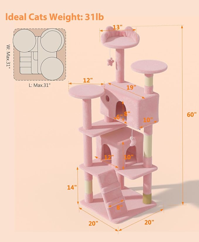 60'' Cat Tree Tower for Indoor Cats Large Adult,Cute/Tall Modern Cat Tree for Big Cats 20 lbs, Plush Multi-Level Cat Condo with Scratching Posts,Dangling for Fun Play (Soft Pink, 60 inch)
