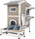 PetsCosset Outdoor Cat House Feral Cats Shelter Weatherproof with Balcony, 2-Story Wooden Outside Pet C at House with Openable Roof, 4 Door, 2 Platforms