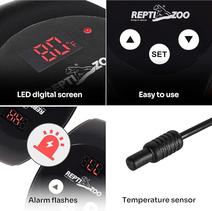 REPTI ZOO Reptile Light Fixture with Dimming Thermostat, 8.5 Inch Deep Dome Lamp Fixture with Reptile Heat Lamp Bulb Temperature Controller Reptile Dimming Thermostat Max 150W