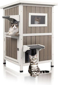 Outdoor Cat House Weatherproof, Two Story Wooden Feral Cat House Shelter with 2 Escape Door, Outside Cat Condo for Small Animals with Openable Asphalt Roof, Grey