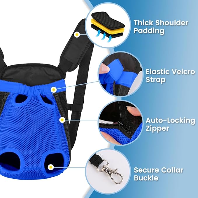 Dog Backpack Carrier, Thick Straps & Cushion, Pet Sling Front Backpacks for Small Medium Dogs 7-11 Lbs, Legs Out, Adjustable Wearable Puppy Chest Travel Bag, Easy-Fit for Hiking/Walking/Camping