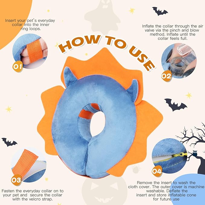 IEUUMLER Inflatable Recovery Dog Collar, Protective Donut Cone, Adjustable Soft Collar for Dog and Cat After Surgery Prevent from Biting & Scratching EU002 - Blue Demon L+