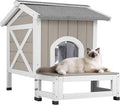 PetsCosset Outdoor Cat House Weatherproof with Balcony Feral Cat Shelter for Outside, Wooden Pet House with Openable Roof, Raised Base, Escape Door