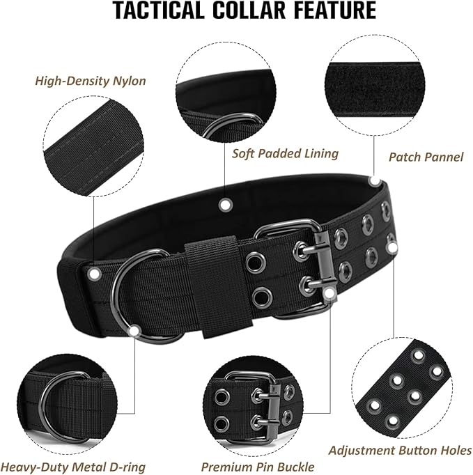 Tactical Dog Collar Military Adjustable Dog Collars Soft Nylon Training Collar with Patch Heavy Duty Metal Buckle Collars for Medium Large Dogs (Blue, M)
