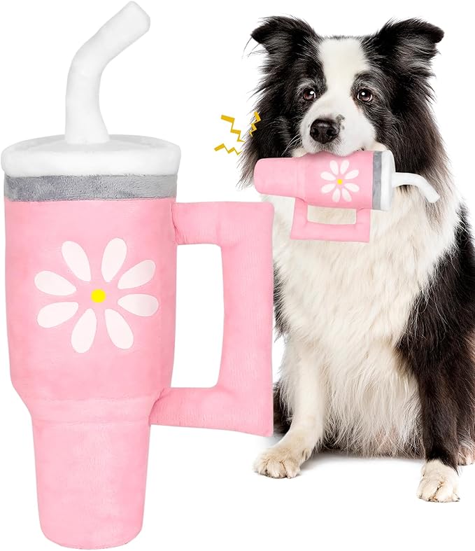 Squeaky Dog Toy - Crinkle Pup Cup Tumbler Plush Dog Toy with Cute Daisy Design for Small Medium Breeds, Funny Interactive Puppy Birthday Gift (Pink)