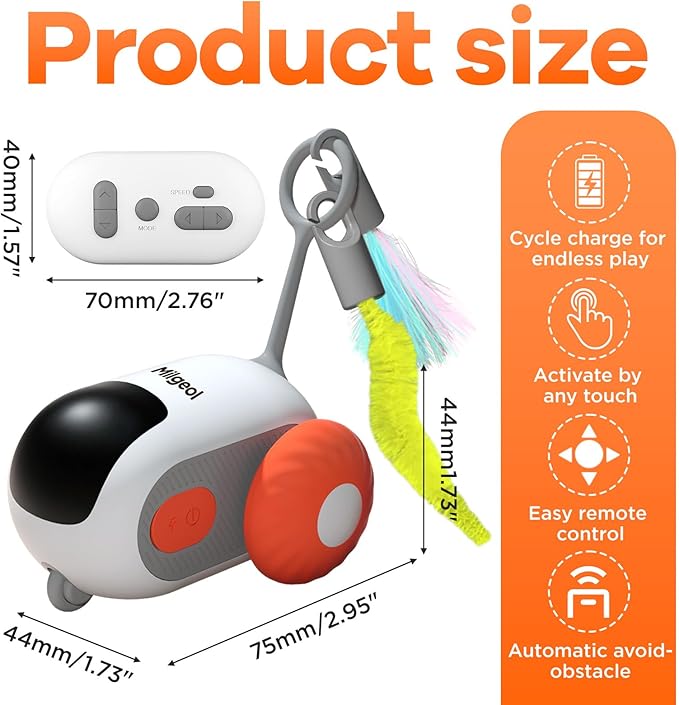 Turbo Tail 3.0 Interactive Cat Toy - Smart Remote Control Electric Mouse with Feathers, 3 Play Modes (Smart/Manual/Standby), Auto Obstacle Avoidance, Type-C, 8H Playtime - Orange (2 PCS)