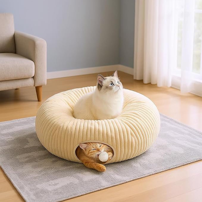 Cat Tunnel Bed with 40 Cat Toys, Collapsible Play Tunnel for Indoor Cats, Cat Tube for Kitten Puppy