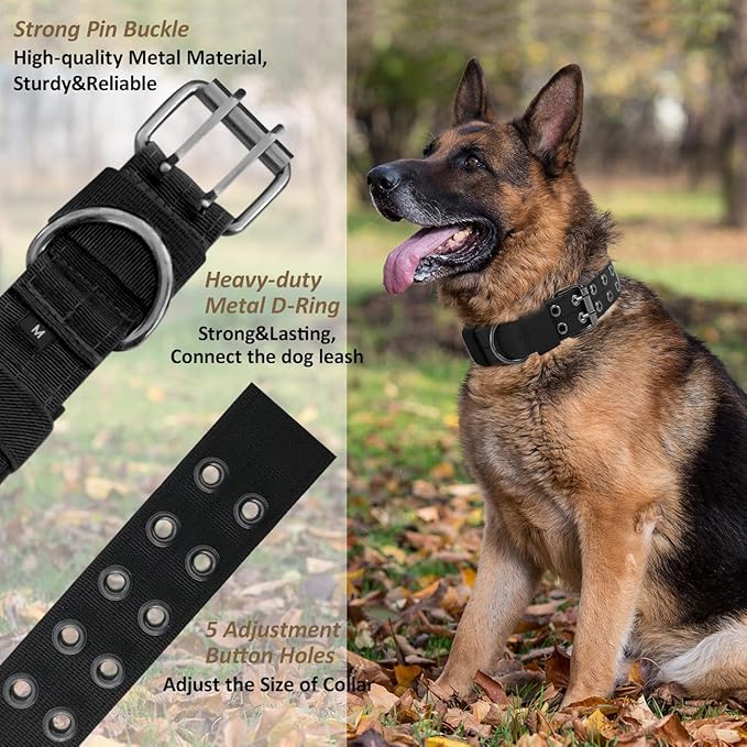 Tactical Dog Collar Military Adjustable Dog Collars Soft Nylon Training Collar with Patch Heavy Duty Metal Buckle Collars for Medium Large Dogs (Black-1, XL)
