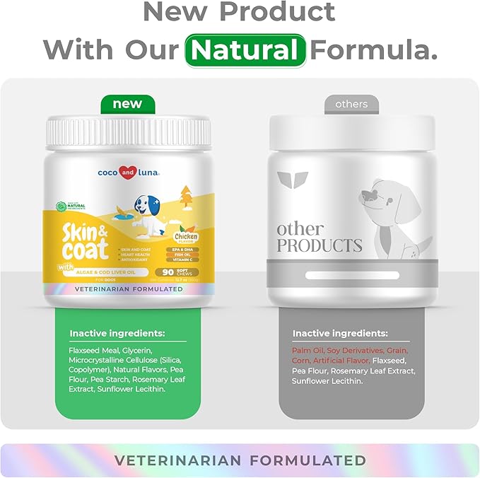 Omega 3 Fish Oil for Dogs - Skin & Coat Supplement with Cod Liver Oil, Algae, EPA & DHA Fatty Acids for Dog Shedding, Itch Relief, Hot Spots, Skin Allergy, Joint & Heart Support - 90 Soft Chews