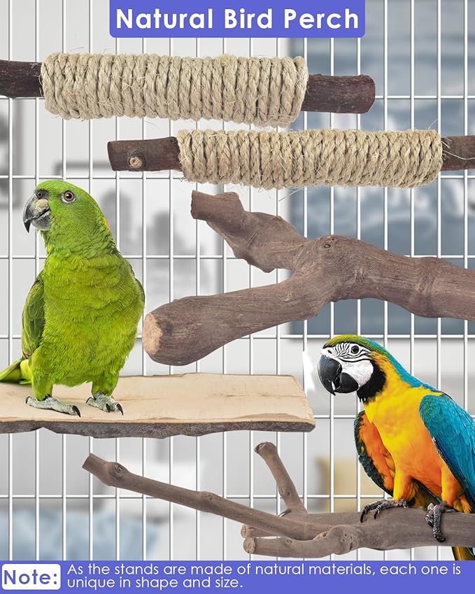 Bissap 5PCS Large Bird Perch Stand, Natural Wood Pole Standing Paw Grinding Fork Parrot Cage Branch with Rope for Macaw African Grey Amazon Pet Medium Large Birds Cage Accessories