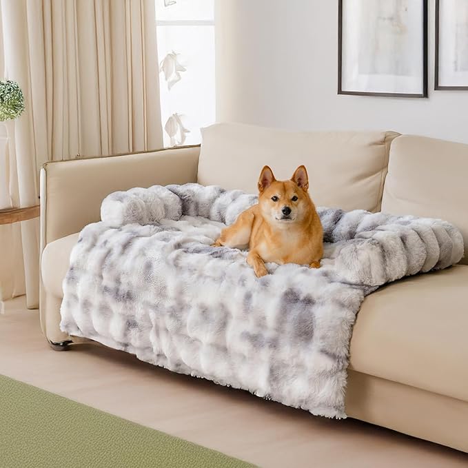 FUNNY FUZZY Pet Fluffy Plush Calming Dog Couch Bed Sofa Protector Washable Pets Mat for Large Medium Small Dogs and Cats (Tie-dye Grey,47.24 × 37.4 × 6.3 in)