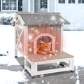 Small Insulated Cat House, Wood Outdoor Cat House Weatherproof with Cat Scratching Cloth, 2 Doors, Balcony, Outside Indoor Clawsable Pet Houses Feral Cats Shelter for Winter, Grey