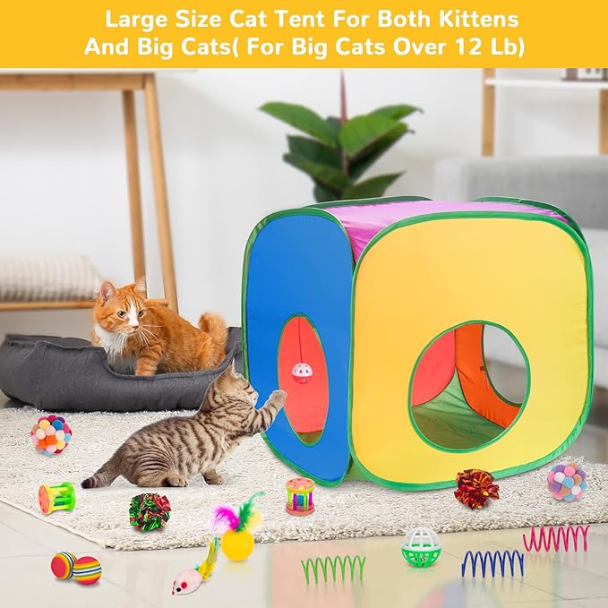 Retro Shaw Cat Toys, 33Pack Large Cats Toys, Interactive Kitten Toys for Indoor Cats Kitty with Collapsible Game Tunnel Tube Tent Feather Wand Teaser Bell Fuzzy Ball Springs Mouse Toys
