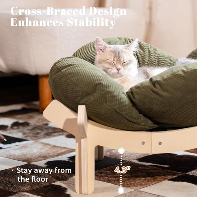 CHEERHOME PETS Elevated Cat Bed Wooden with Cushion Fluffy Pet Couch Sofa for Indoor Cats Raised Kitty Lounge Chair Suitable for Puppy, Cat Furniture(Green)