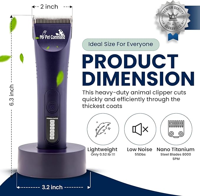 My Pet Command Professional Dog Grooming Clipper, Cordless Hair Trimmer, Brushless Motor, Heavy Duty Kit for Dogs Pets Cats, for Thick Coats, Low Noise, Light Weight