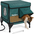 Outdoor Heated Cat House in Winter,Extremely Insulated & Weatherproof,Elevated Feral Cat Shelter with Waterproof Eaves & Escape Door for Outside Stray Barn Cat (Dark Green,S.)