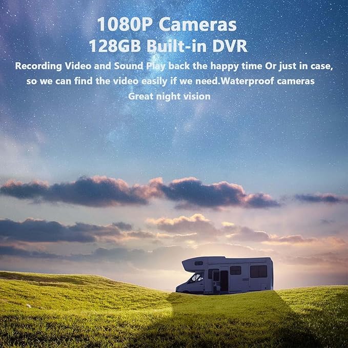 RV Backup Camera 10.1" 1080P Monitor & Built-in DVR for Truck Trailer Rear Side Front Reversing View Wired System FHD Image 4 Split Large Screen 64GB Record IP69 Waterproof Avoid Blind Spot Kit