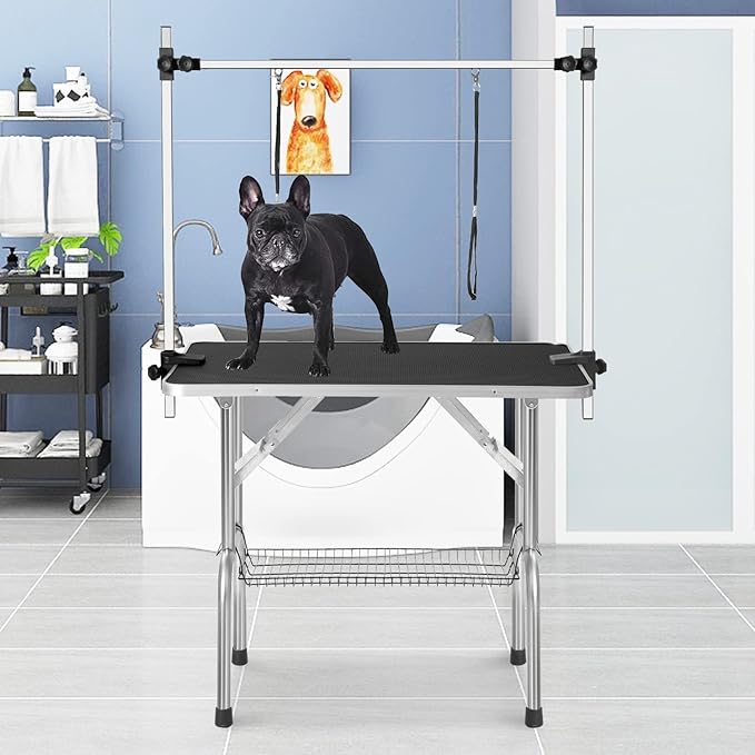 SoarFlash Pet Dog Grooming Table Foldable,Heavy Duty Foldable Pet Grooming Table with Arm & Noose & Mesh Tray, Maximum Capacity Up to 330lbs, 46inch, Black