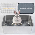 MEEXPAWS Rabbit Litter Box Stainless Steel, Large Bunny Litter Box with Raised Grid and Washable Pee Pad, Metal Litter Pan High Side for Rabbit,Small Animal Toilet Potty Tray Easy Cleaning,Less Stink