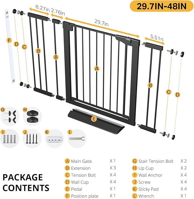 Cumbor 2 Pack 29.7"-48" Baby Gate for Stairs, Mom's Choice Awards Winner-Dog Gate for Doorways, Pressure Mounted Auto-Close Pet Gates for Dogs Indoor, Safety Child Gate with Easy Walk Thru Door,Black