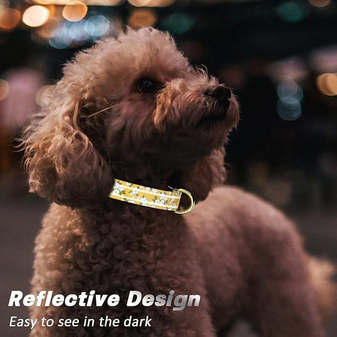 Reflective Dog Collar for Small Dogs, Cute Flower Theme Adjustable Heavy-Duty Nylon Puppy Collar for Boy and Girl Female, Soft Pet Accessories with Quick Release Buckle, Yellow