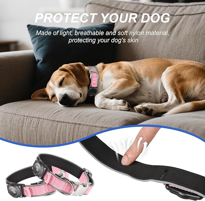 Waterproof Airtag Dog Collar - Nylon Collar with Durable Airtag Holder, Reflective&Anti-Lost with Safety Metal Buckle, Soft Padded Adjustable for Small Medium Large Dogs Pink M