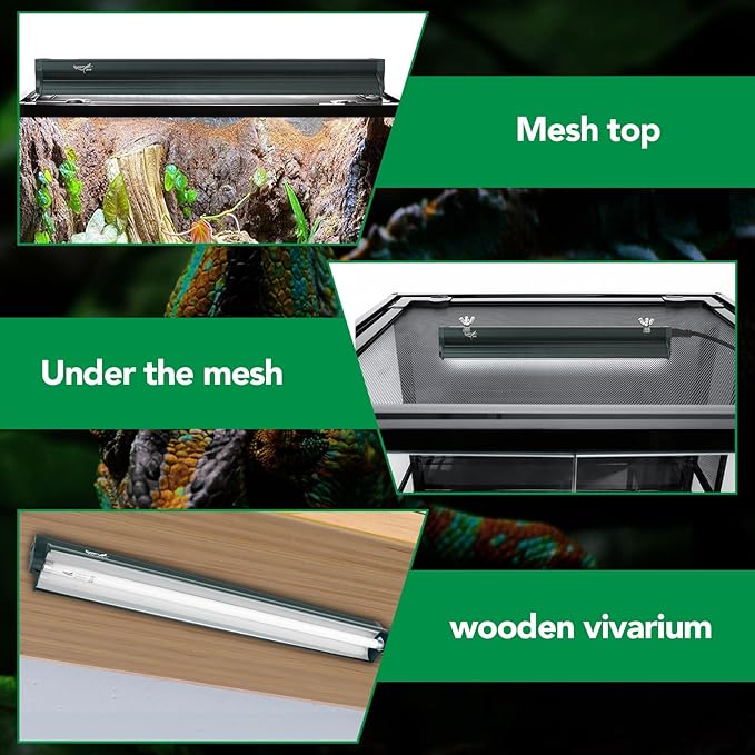 T5 Reptile Light Fixture Green Combo Kit 39W Light Fixture Reptile Terrarium Hood 10.0 UVB Light Bulb Fluorescent Tube Ideal for Tropical and Deserts Such as Bearded Dragon Lizards and Tortoises