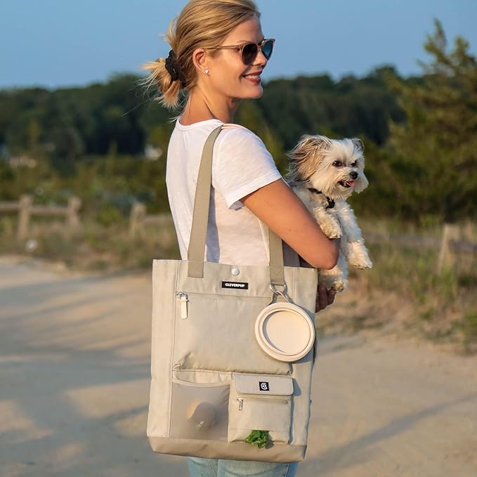 Park Pack 2-Piece Set Dog Gear Tote – Dog Travel Bag with 8 Pockets, Treat Pouch, Poop Bag Dispenser, Quick-Dry Ball Pocket, Collapsible Bowl, Perfect for Walks & Park Trips, Sand