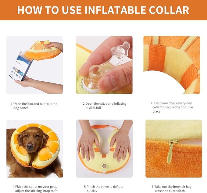 IEUUMLER Inflatable Recovery Dog Collar, Protective Donut Cone, Adjustable Soft Collar for Dog and Cat After Surgery Prevent from Biting & Scratching EU002 - Orange L