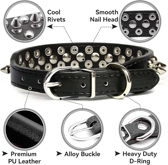 Spiked Dog Collar Soft Pu Leather Mushrooms Rivet Spike Studded Puppy Adjustable Pet Collars for Small Breeds (L, White)