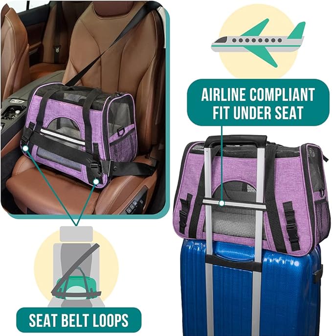 PetAmi Airline Approved Pet Carrier for Cat, Soft Sided Dog Carrier for Small Dog, Cat Travel Supply Accessories Indoor Cat, Ventilated Pet Carrying Bag Medium Large Kitten Puppy, Small Heather Purple