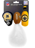 BEST PLUSH CAT TOY: NFL NEW ORLEANS SAINTS Complete Set of 3 piece Cat Toys filled with Fresh Catnip. Includes: 1 Helmet Cat Toy, 1 Football Cat Toy with Feathers & 1 Beer Bottle. Beautiful Team LOGOS