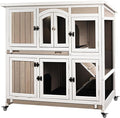 47"L Rabbit Hutch Indoor Wooden 2 Story Rabbit Large Bunny Hutch Outdoor Bunny Cage on 4 Metal Wheels and 2 Deeper Pull Out Trays, Ramp,Guinea Pig Pet House for Small to Medium Animals,Grey