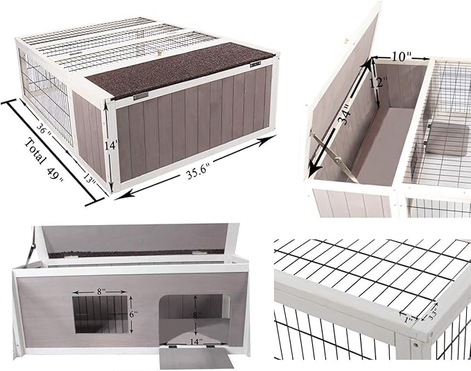 Tortoise House Habitat Wooden, Chicken Coop with Run Rabbit Hutch Small Animal Hutch Enclosure Indoor/Outdoor-Grey + White Trim