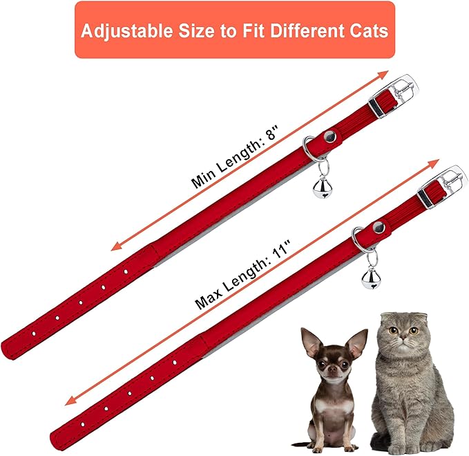 OOPSDOGGY Rolled Leather Cat Collar with Bell, Reflective Kitten Collars with Buckle Include Safety Elastic Strap - Adjustable Small Pet Collars for Boy Girl Cats (Red)