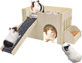 kathson Wooden Guinea Pig Hideout Sturdy Two-Layer Guinea Pig House Easy to Assemble Small Animal Hideout with Mat Ramp and Food Bowl for Hamsters Bunnies Hedgehogs Mice Playing Hiding