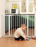 Babelio Metal Baby Gate, 29-43" Auto Close Easy Install Pet Gate PressGuard P7, Extra Wide Walk Thru Child Safety Gate, 30" Tall Pressure Mounted Dog Gate for Doorways & Stairs, White