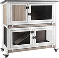 36" L Rabbit Hutch Indoor Wooden 2 Story Bunny Hutch Rabbit Cage Outdoor Bunny Cage on 4 Metal Wheels and 2 Deeper Pull Out Trays, Ramp, Guinea Pig Pet House for Small Animals, Grey